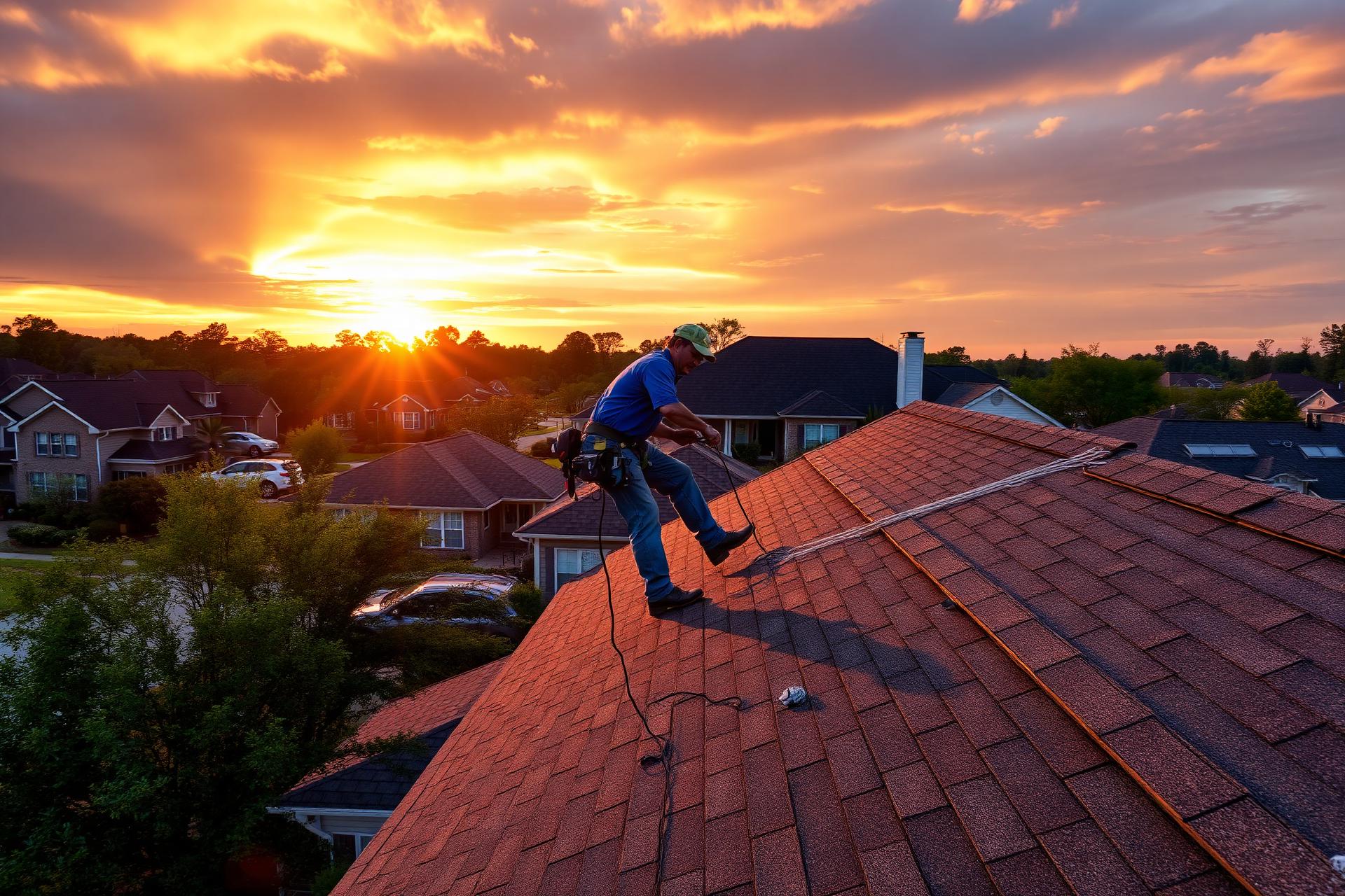Roofing contractor working on a Lawrenceville home at sunset